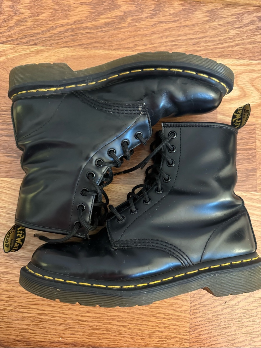Dr. Martens Black Leather Lace-Up Boots with Yellow Stitching - Picture 2 of 5